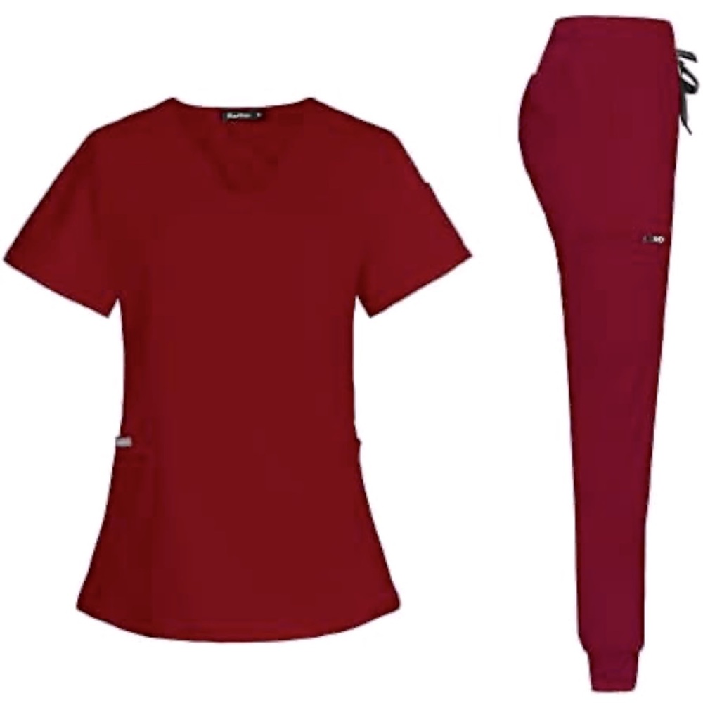 NWOT niaahinn Scrub Set Modern V-neck & Drawstring Jogger Pants w/Ribbed Cuff, S
